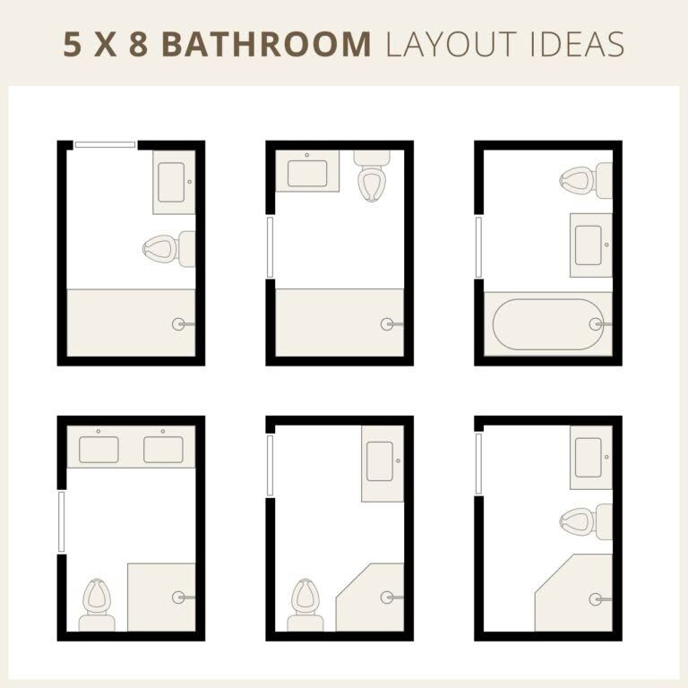 Six pre-defined 5 by 8 bathroom floor-plan ideas with shower, tub, vanity, and toilet arrangements